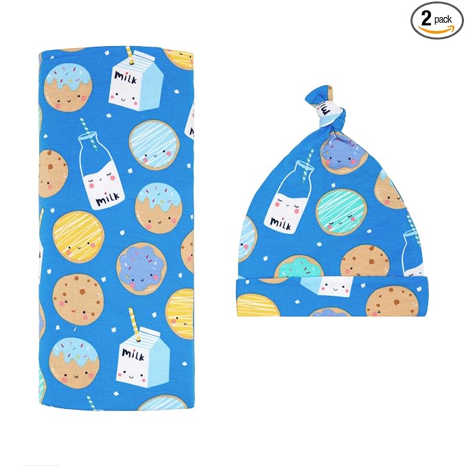 Little Sleepies Swaddle & Hat Set, Baby Swaddles Newborns, Soft Viscose from Bamboo Swaddle Blanket Wrap (Blue Cookies & Milk)