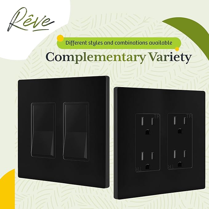TG Screwless Decorator Wall Plates Child Safe Outlet Covers, Mid-Size 2-Gang 4.88" H x 4.92" L, Unbreakable Polycarbonate Thermoplastic, UL Listed, Glossy, Black (1 Pack)