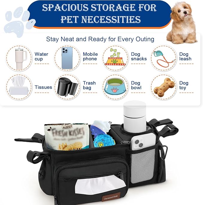 Dog Stroller Organizer Bag, Dog Mom Gifts for Women Pet Stroller Caddy, Stroller Accessories with Cup Holder, Poop Bag Dispenser, Pockets for Dog Essentials, Fits 14??9" Handles, Dog Mom Gift Ideas