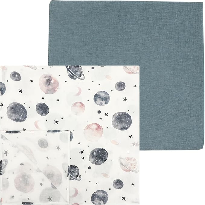 insular Muslin Swaddle Blankets for Boys Girls, 2 Pack Receiving Baby Blanket Large 47 x 47 inches, Soft Breathable Swaddling Wrap for Unisex Newborn, Space&Blue