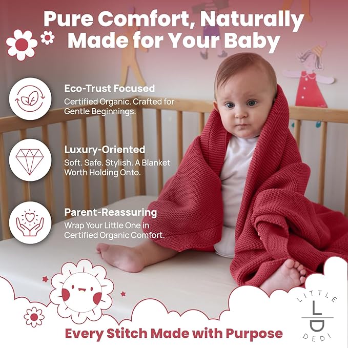 100% Organic Cotton Baby Knitted Blanket with Gift Box - Soft Toddler, Crib, Stroller Blanket - Neutral Swaddle and Receiving Blanket for Newborns, 30"x40", Amberglow