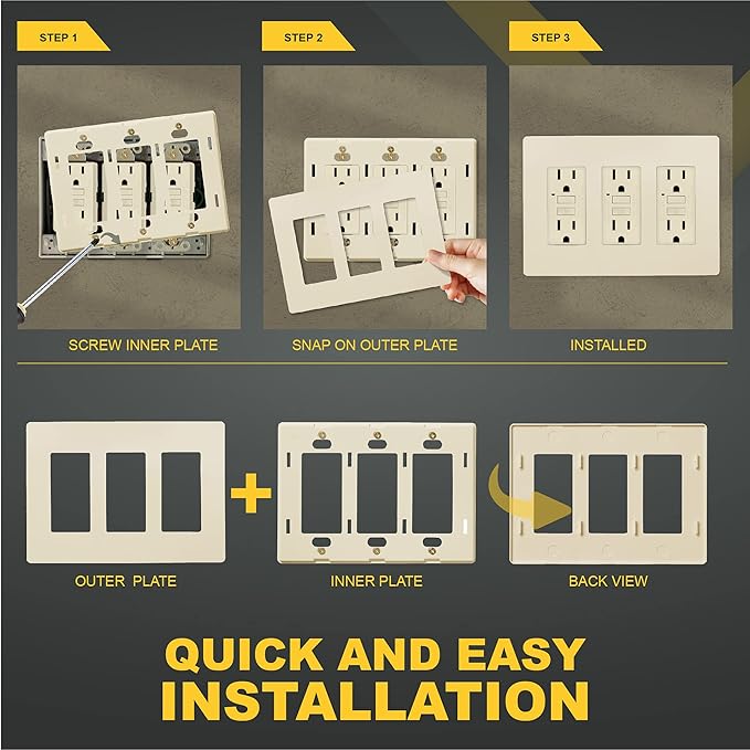 Faith 3-Gang Decorator Screwless Wall Plates Child Safe Outlet Covers, 4.68"H x 2.93" L, Fits GFCI, USB Receptacle, Dimmers, and Lighting Controls, ETL Listed, Ivory, 4-Pack