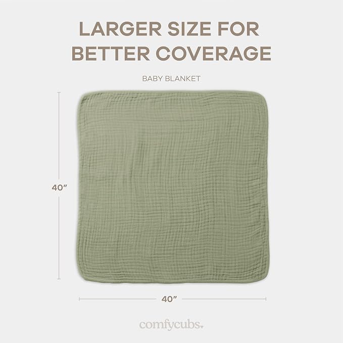Comfy Cubs Muslin Baby Blanket - Soft, Lightweight, 6-Layer Cotton Swaddle Blankets for Newborns, Infants & Toddlers - 40" x 40" Large, Breathable & Versatile for Sleeping & Tummy Time - Sage