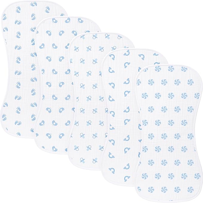 sleepyturtle 5 Pack Baby Burp Cloths, Unisex Newborn Burping Cloths, Soft and Absorbent Muslin Cotton, Large Size for Newborn, (Blue-fc)