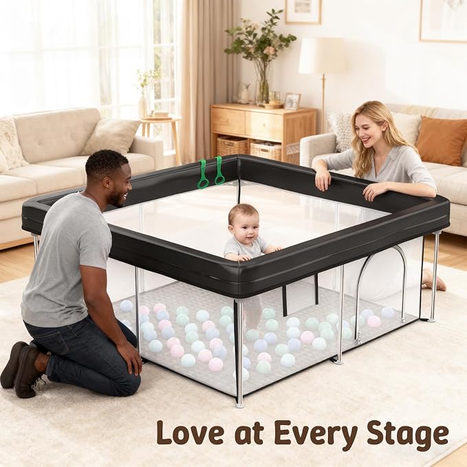Foldable Baby Playpen with Mat, 50"×50" Collapsible Play Yard for Babies and Toddlers, No Assembly Required, Kids Safety Play Area with 4 Handles, 50 Balls and Visible Mesh, Black