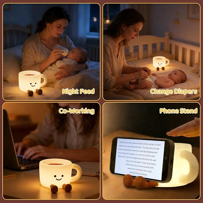 Cute Cup Night Light 3 Level Dimmable Timer 7 Colors Nightlight Cute Lamps Silicone Squishy Light Up Rechargeable Bedside Animal Touch Lamp for Breastfeeding Desk Dorm Decor Birthday Gift
