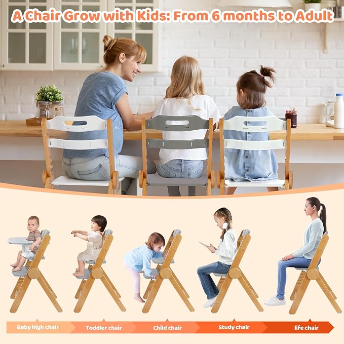 Ezebaby Wooden High Chair Grow with Your Child, Foldable Baby High Chair with Adjustable Seat and Footrest Heights, High Chair for Babies and Toddlers with Cushion and Large Double Layer Tray(Grey)