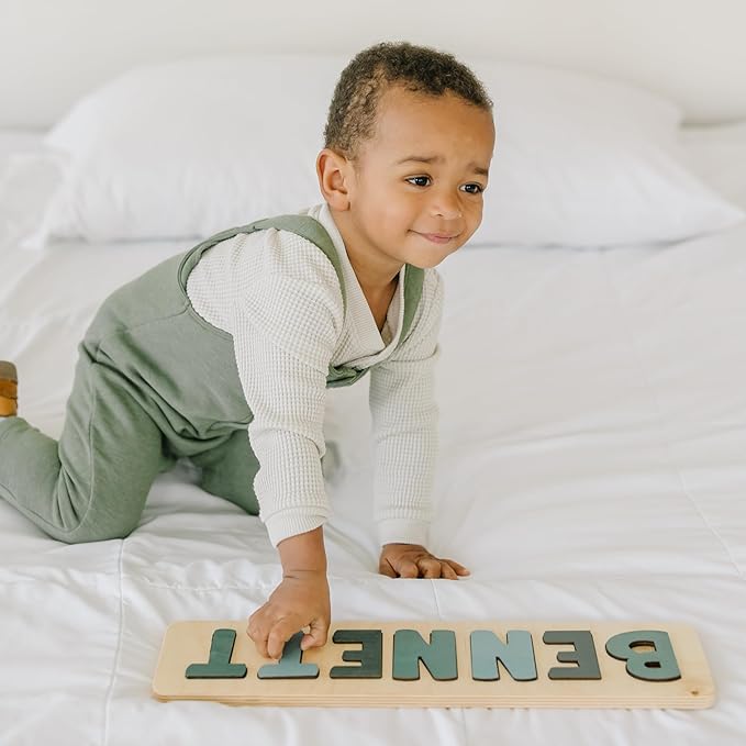 Personalized Wooden Name Puzzle for Kids, Handmade in USA by Bloom Owl, Custom Baby Gifts for Boys and Girls Easter or First Birthday, Montessori Toys for Toddlers 1-3, Baby Puzzle
