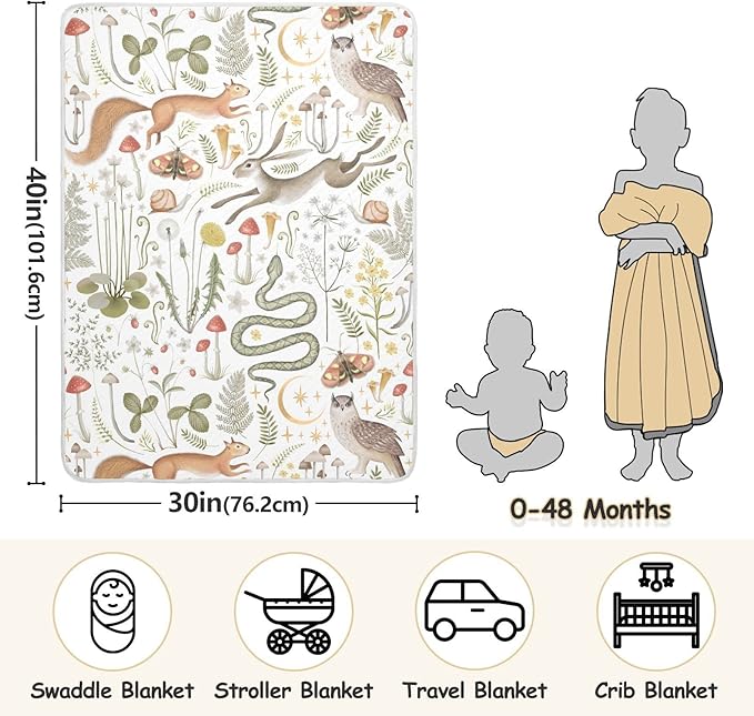 Ollabaky Squirrel Owl Mushrooms Baby Blanket for Boys Girls Cotton Throw Blanket Swaddle Blanket for Crib Stroller Nursery Receiving Blanket Infant Toddler Unisex 30"x40"