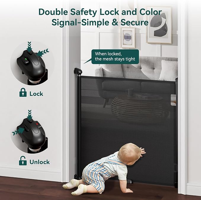 Babepai Retractable Baby Gates for Stairs, Retractable Dog Gate for Indoor/Outdoor Use | Child Gates for Doorways, Deck, Porch, Hallways, Patio (Black, 72" Wide × 34" Height)