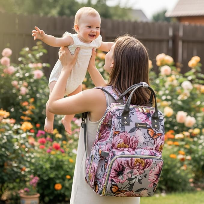 Floral Diaper Bag Backpack with Coin Bag USB Charging Port Stroller Straps and Insulated Pocket,Travel Nappy Backpack For Women/Mom (Grey Pink Flower Pattern)