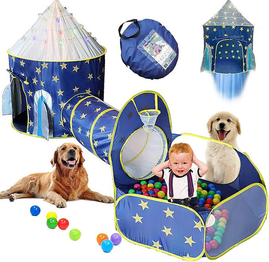 4pc Space Rocket Ship Kids Pop Up Play Tent, Crawl Tunnel, Ball Pit | Includes Star Lights & Carrying Case |, Children Indoor Castle Playhouse for Boys, Toddlers, 47" D x 126" W x 53" H