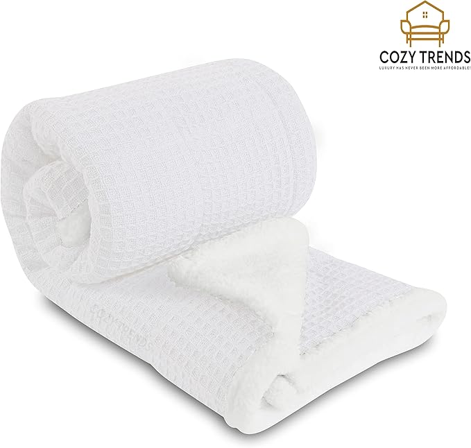Luxurious Cotton Unisex Baby Boy Girl Blanket Waffle Weave with Sherpa Backing Soft Cozy 30''x40'' Receiving Crib Stroller Nap Blanket (White)