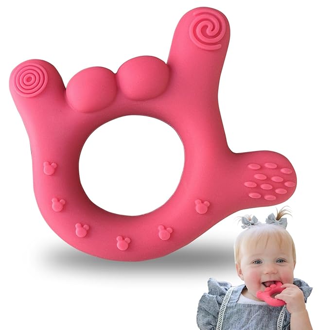 I Love You Silicone Hand Teether, Teethers for Babies 3-6 Months, Soft Teething Toys 6-12 Months bpa Free, Massaging Teething Relief (Electric Pink)