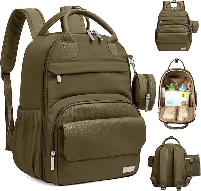 KeaBabies Diaper Bag Backpack - Multifunctional Travel Diaper Back Packs, Maternity Baby Changing Bags, Compact 18L Capacity, PU Leather, Waterproof, Unisex, Nappy Changing Pad (Dark Olive)