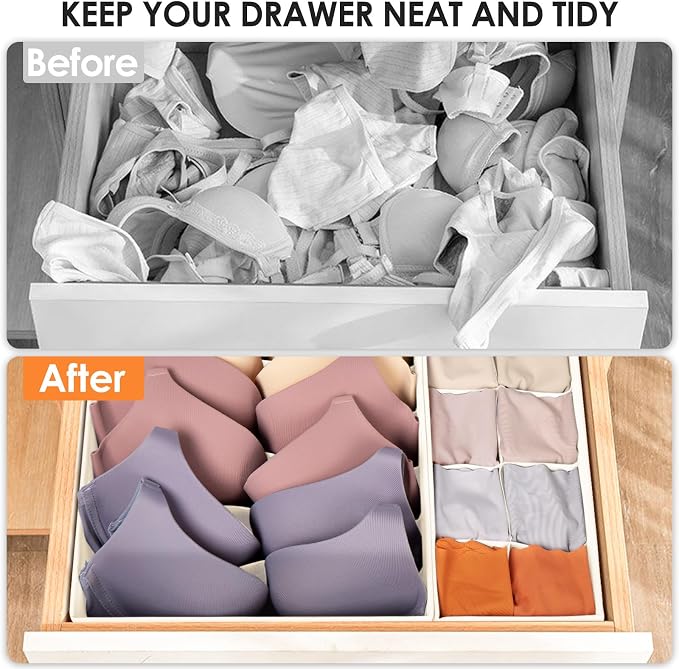 Drawer Organizer Clothes, 8 Pack Dresser Organizer Bins for Baby Clothes, Underwear Sock, Fabric Closet Organization and Storage Dividers for Nursery Bedroom (48 Compartments, Beige)