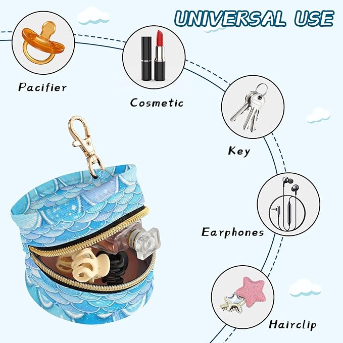 Pacifier Holder with Clip Pacifier Case for Diaper Bag Round Baby Pacifier Pouch Box Bag Portable Blue Fish Scale Pattern