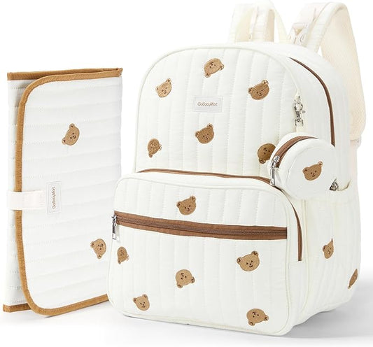GOBABYMART Large Diaper Bag Backpack with Changing Pad, Insulated Bottle Pockets, Travel & Hospital Bag for Mom & Dad (Small - Beige Bears)