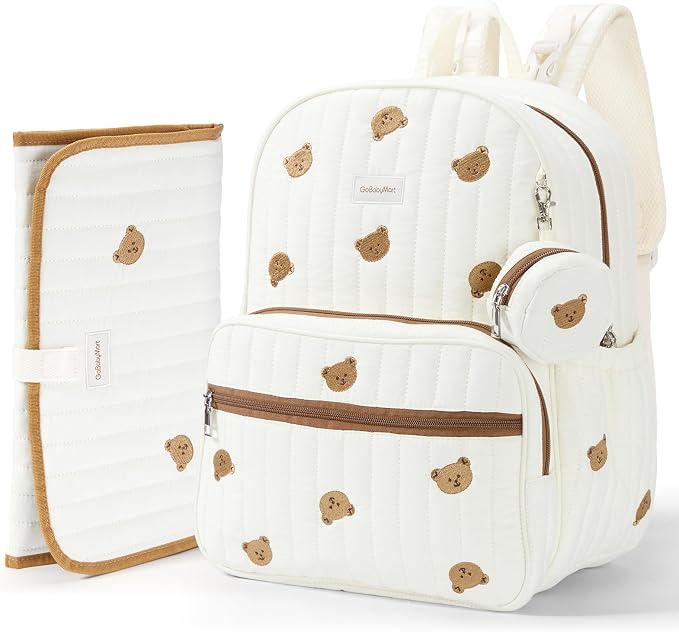 GOBABYMART Large Diaper Bag Backpack with Changing Pad, Insulated Bottle Pockets, Travel & Hospital Bag for Mom & Dad (Large - Beige Bears)