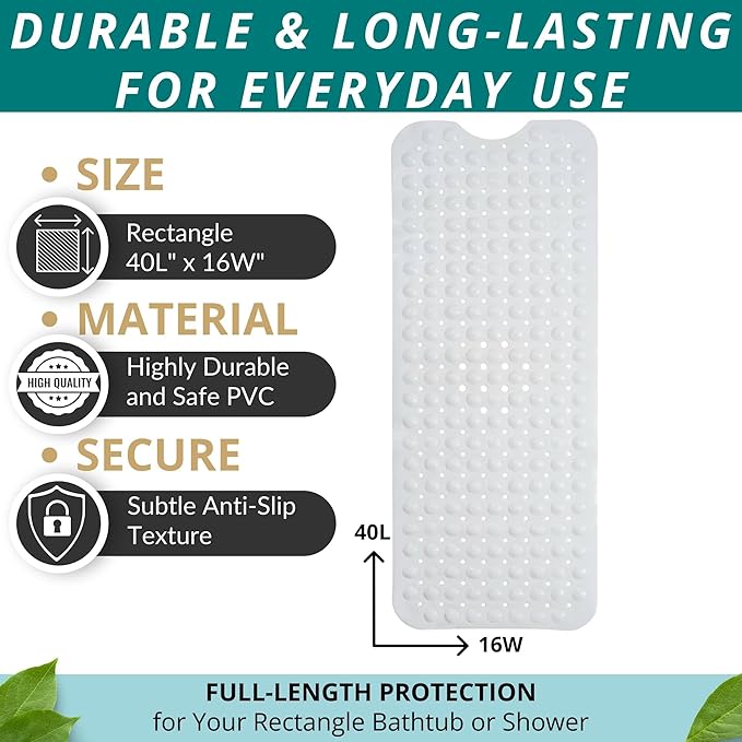 ENKOSI Bath Mat – 40 x 16 Inch Non-Slip Shower Mat for Bath Tub & Shower with Strong Suction Cups – Anti Slip Large Bathtub Mat with Drain Holes – for Smooth Floors Only (40x16 White)