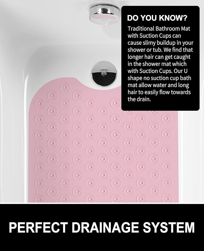 OTHWAY No Suction Cup Bath Mat: 39x16inch Extra Long Bathmat?‚Perfect for Refinished Bathtub Mat?‚Made of Nature Rubber?‚a Blessing for The Elderly and Children (Pink)