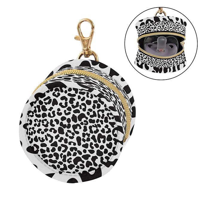 Pacifier Holder with Clip Pacifier Case for Diaper Bag Round Baby Pacifier Pouch Box Bag Portable Black Leopard Print