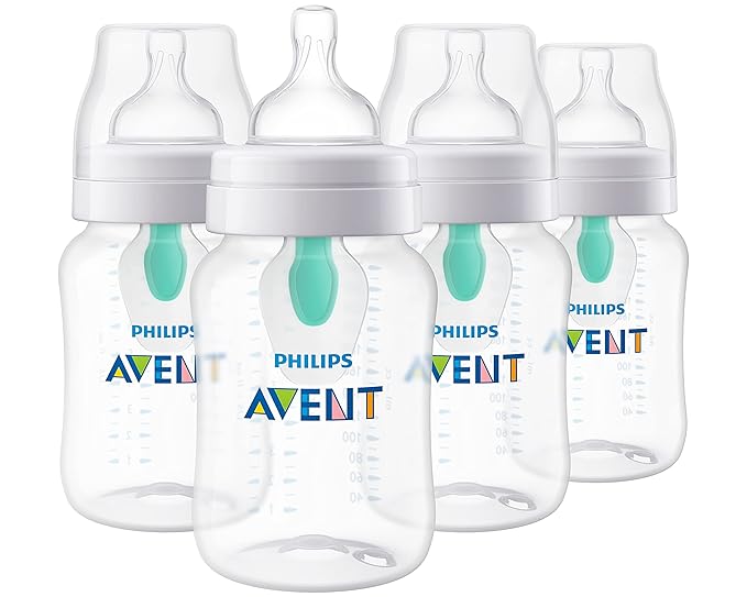 Philips Avent Anti-Colic Baby Bottle with AirFree Vent, 9oz, with Flow 2 Nipples, 1m+, 4pk, Clear, SCY703/04