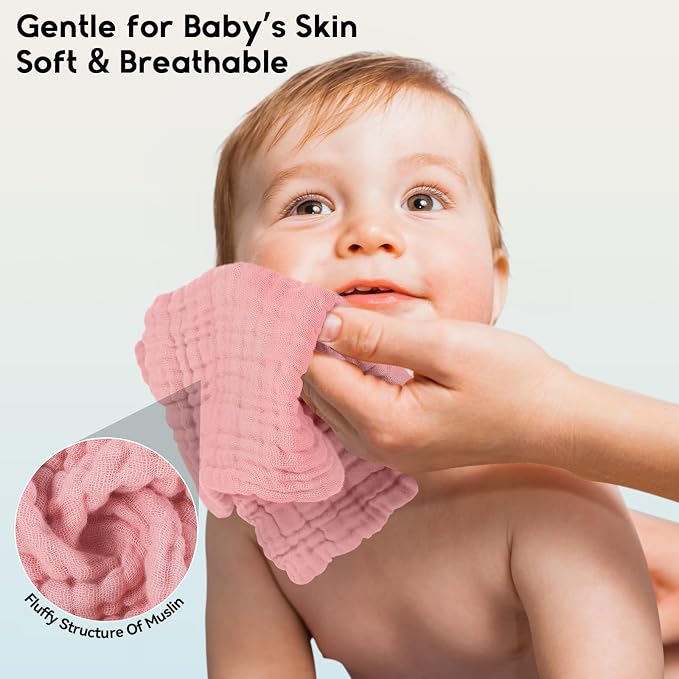 Unnivoll Muslin Burp Cloths Baby 12''X12'', Baby Washcloths 6 Pack, 100% Cotton Baby Wash Cloths Absorbent and Soft for Newborn Infants Kids Boys Girls - Gradient Pink