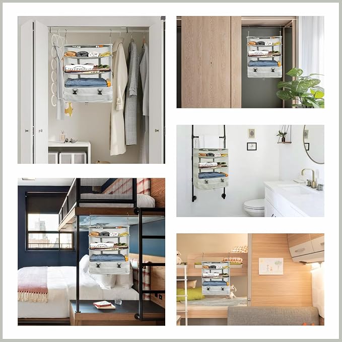 Surblue Hanging Closet Storage Bag Collapsible 3-Shelf Washable Oxford Fabric with 2 Hooks (XL 17.71 * 11.81 * 20in, Light Gray)