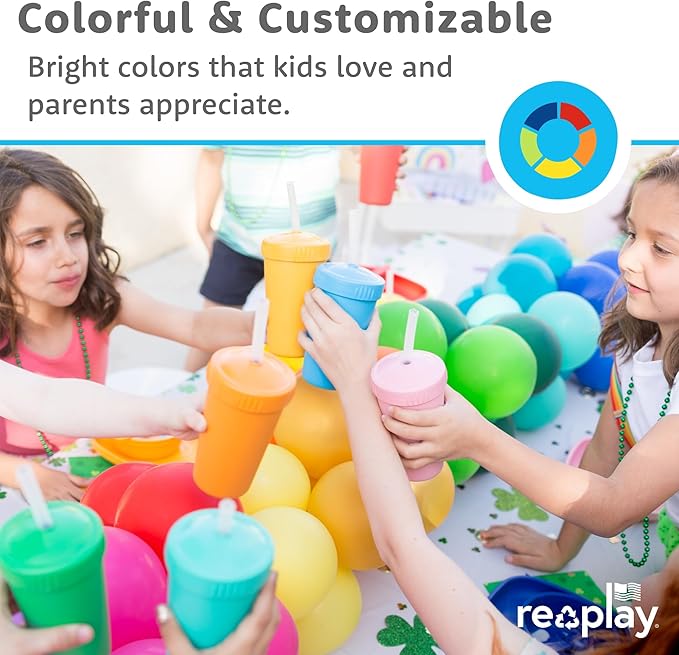 Re-Play 10 oz. Straw Cups for Kids with Silicone Locking Straws - Dishwasher & Microwave Safe - Made in USA - Set of 4-7.37" x 7.37" x 1.25" - Mermaid