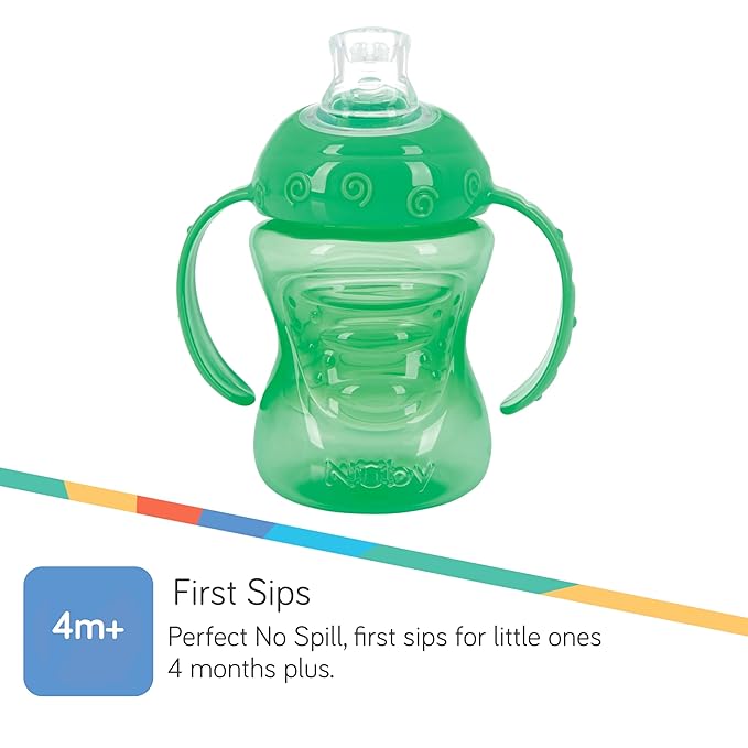 Nuby 3 Pack Two Handle No Spill Toddler Sippy Cups - Toddler Cups Spill Proof with Easy and Firm Grip - Aqua, Blue, Green