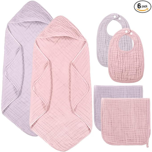 Hahafelt 6 Pcs Muslin Hooded Bath Towels Washcloths and Bibs Set, Muslin Cotton Baby Towels Absorbent Hooded Blanket Towel Infant Bibs for Boys Girls Newborn Infant Essential(Pink, Purple)