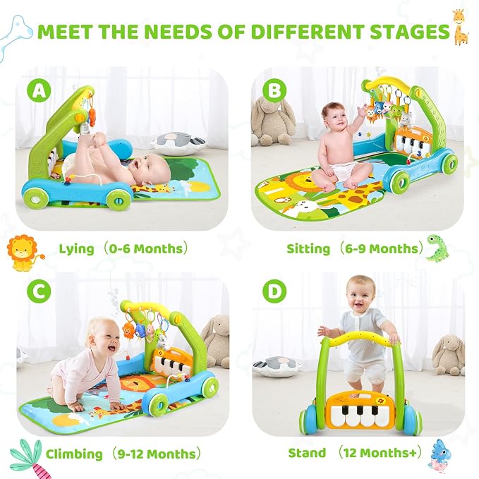 4-in-1 Baby Gym Play Mat with Learning Walker, Tummy Time Mat & Baby Push Toys for Newborn Infant 0-3-6-9-12 Month Boy Girl, Babies Activity Center with Play Piano & Lights, Ideal Toddler Baby Gifts