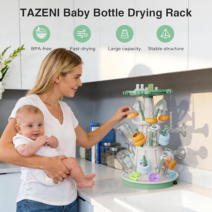TAZENI Baby Bottle Drying Rack with Drain Pipe, 3-Tier Modular Baby Bottle Rack Dryer for Infant Feeding Accessories, Large Capacity Rack Dryer, Stable, Efficient Drying, Space Saving Organizer