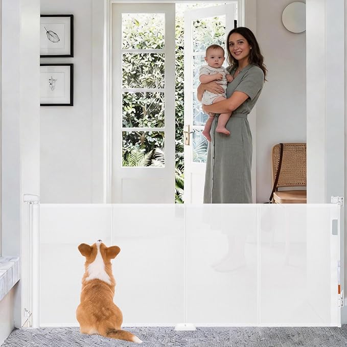 Reinforced 71" Wide Retractable Gate with Reinforced Strips, Indoor/Outdoor Retractable Dog Gate for Doorway Prevent Bottom Drilling Through, Safety Mesh Gate, White