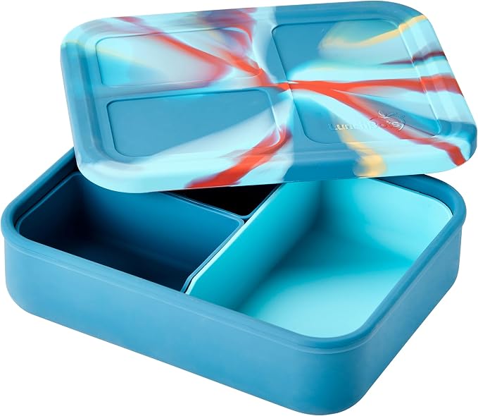 LunchBots Build -a- Bento Lunch Box, Silicone Bento Box for Kids, Multi-Compartment Lunch Container, Oven & Dishwasher Safe, BPA Free, 32 oz - Tie Dye Dark Blue