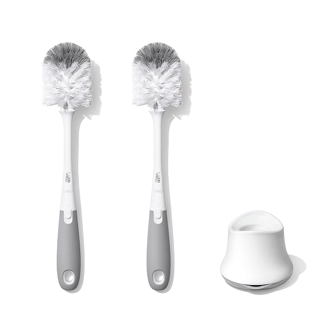 OXO Tot Bottle Brush with Nipple Cleaner and Stand – Gray, 2-Pack & Tot Travel Size Drying Rack with Bottle Brush- Gray