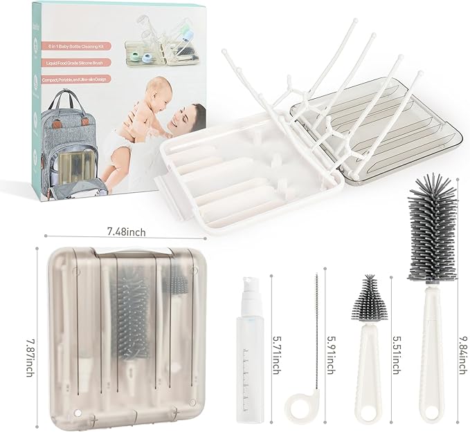 Baby Bottle Brush Set, 6-in-1 Travel Bottle Cleaning Kit with Silicone Bottle Brush, Nipple & Straw Brush, Soap Dispenser, Drying Rack, Storage Box ??Compact Travel Baby Essential for Home & On-The-Go