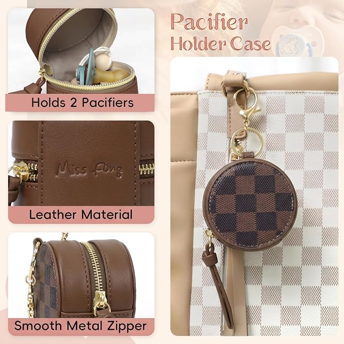 miss fong Checkered Pacifier Holder Case with Clip, Pacifier Pouch Cover, Pacifier Charm Pod with Clasp Attach to The Strollers & Diaper Bags, Hold 2 Pacifier or Nipple Shield(Coffee Checkered)