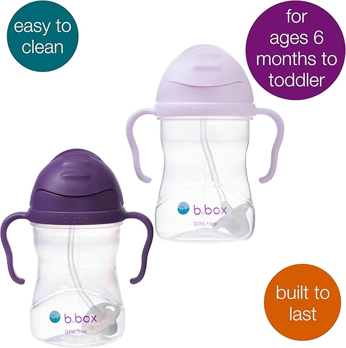 b.box Sippy Cup with Weighted Straw (2-Pack). Leak Proof, Easy Grip. BPA Free & Dishwasher Safe. Ideal for Babies 6m+ to Toddlers (grape + boysenberry, 8oz)