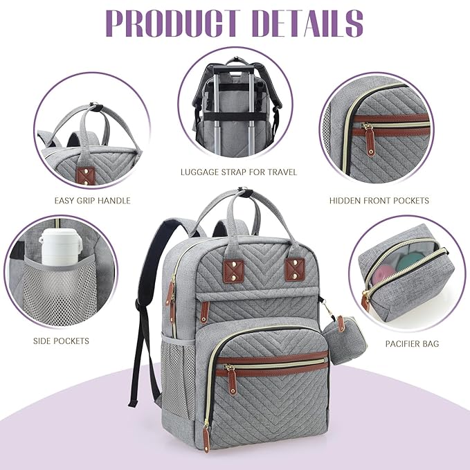 Tuwubi Diaper Bag Backpack with Changing Pad,Baby Essentials, Multi function Waterproof Backpack with Stroller Straps & Pacifier Case Light Grey