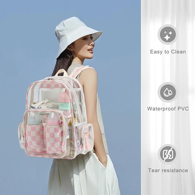 Clear Baby Diaper Bag Backpack for Mom, Large Capacity Travel Nappy Bag for Boys & Girls with Stroller Straps (Corduroy Checkered Pink)