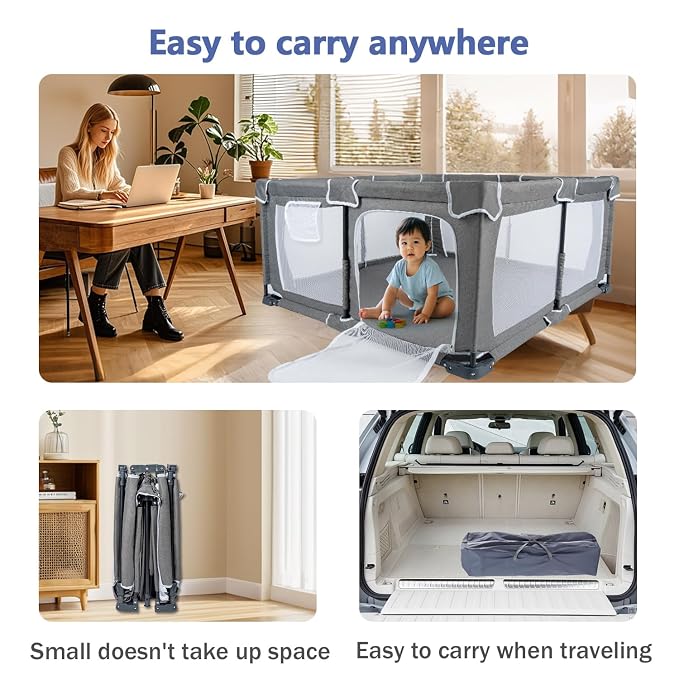 Foldable Baby Playpen 59"x71"，Playpen for Babies and Toddlers with Mat，Foldable playpen with Door，Indoor and Outdoor Baby Fence Play Area (Grey (Cationic Fabric), Foldable 59"x71" with Mat)