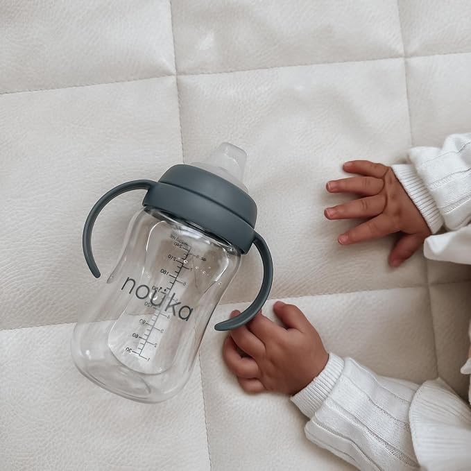 nouka Tritan Plastic Transitional Sippy Cup with Weighted Straw | Leak Proof and Easy Grip | Removable Handles | Soft Sand