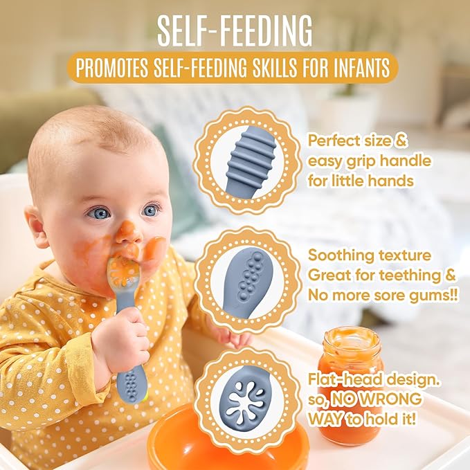 HippoBaby 4pc Silicone Baby Spoons Self Feeding Baby Utensils 6-12 Months - 3 Baby Spoon - 1 Baby Fork - Toddler Cutlery Set - BPA Free, Dishwasher Safe - Baby Eating Essentials (Gray/Beige)