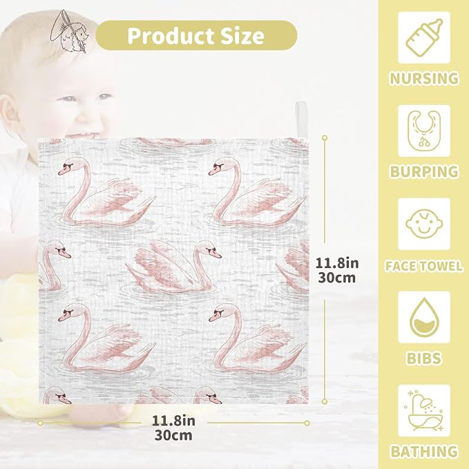 vvfelixl Pale Pink Swans Baby Burp Cloths Baby Muslin Washcloths for Boys Girls Cotton Babys Face Towel for Newborn Infants Soft and Absorbent 11.8 X 11.8 in, 5 Pack