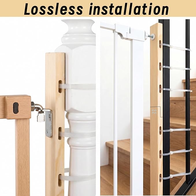 2pcs No Hole Stairway Baby Gate Mounting Kit, Safe Pine Wood Extra Tall Baby Gate Banister Adapter, Fits Posts from 2 3/4 inches to 3 1/2 inches Wide with Square or Round Tops