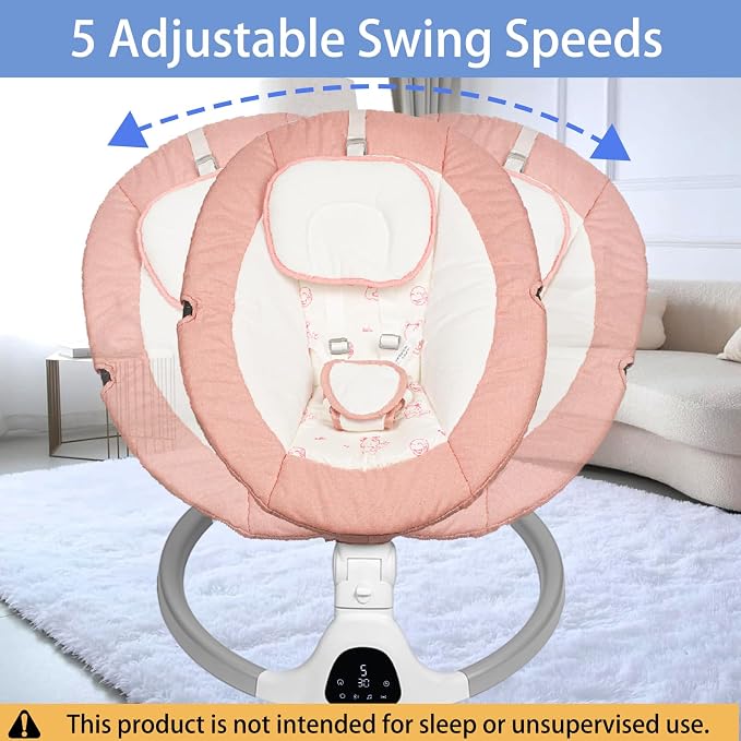 Electric Baby Swing for Infants, 5-Speed Adjustable Swing with Bluetooth Music, Timer, 5-Point Harness and Stable Base for Supervised Daytime Use (Pink)