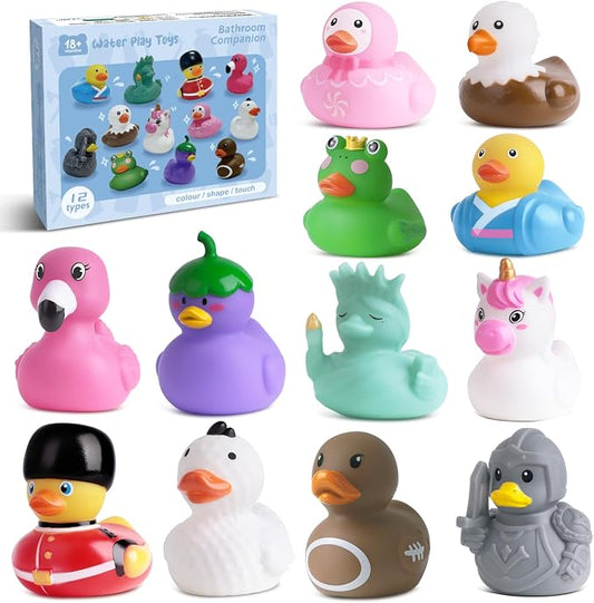 12 Rubber Ducks, Toddler Bath Toys, No-Hole Bathtub Toys for Baby Pool Toys for 18+ Months Girls Boys