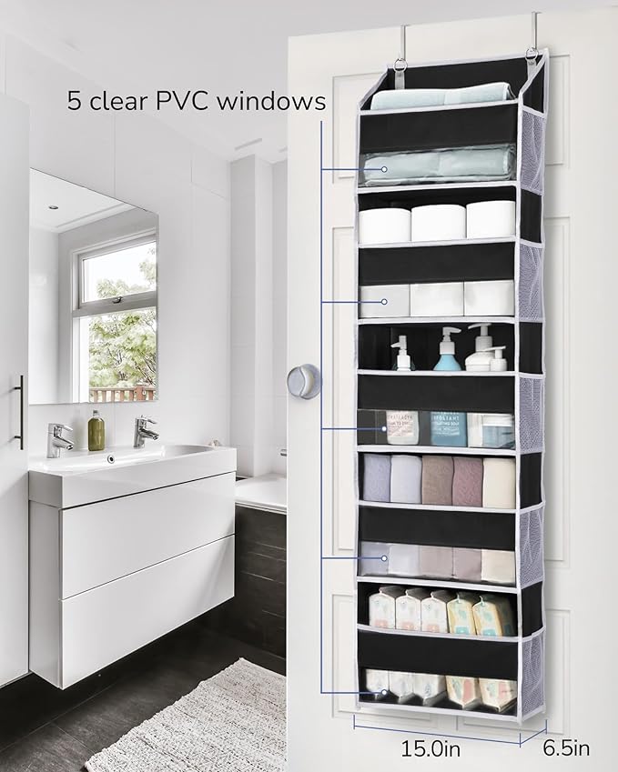 ULG 1 Pack Over The Door Organizer ??5 Shelf Door Organizer Hanging & 10 Side Pockets, Reinforced 44LB Capacity Hanging Organizer, Behind The Door Storage for Bedroom, Nursery, Pantry (Black)